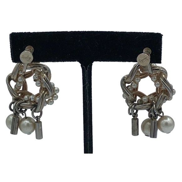 Barclay Pearl Silver tone Dangle Drop Clip On Earrings Mid century Classic - Picture 2 of 11